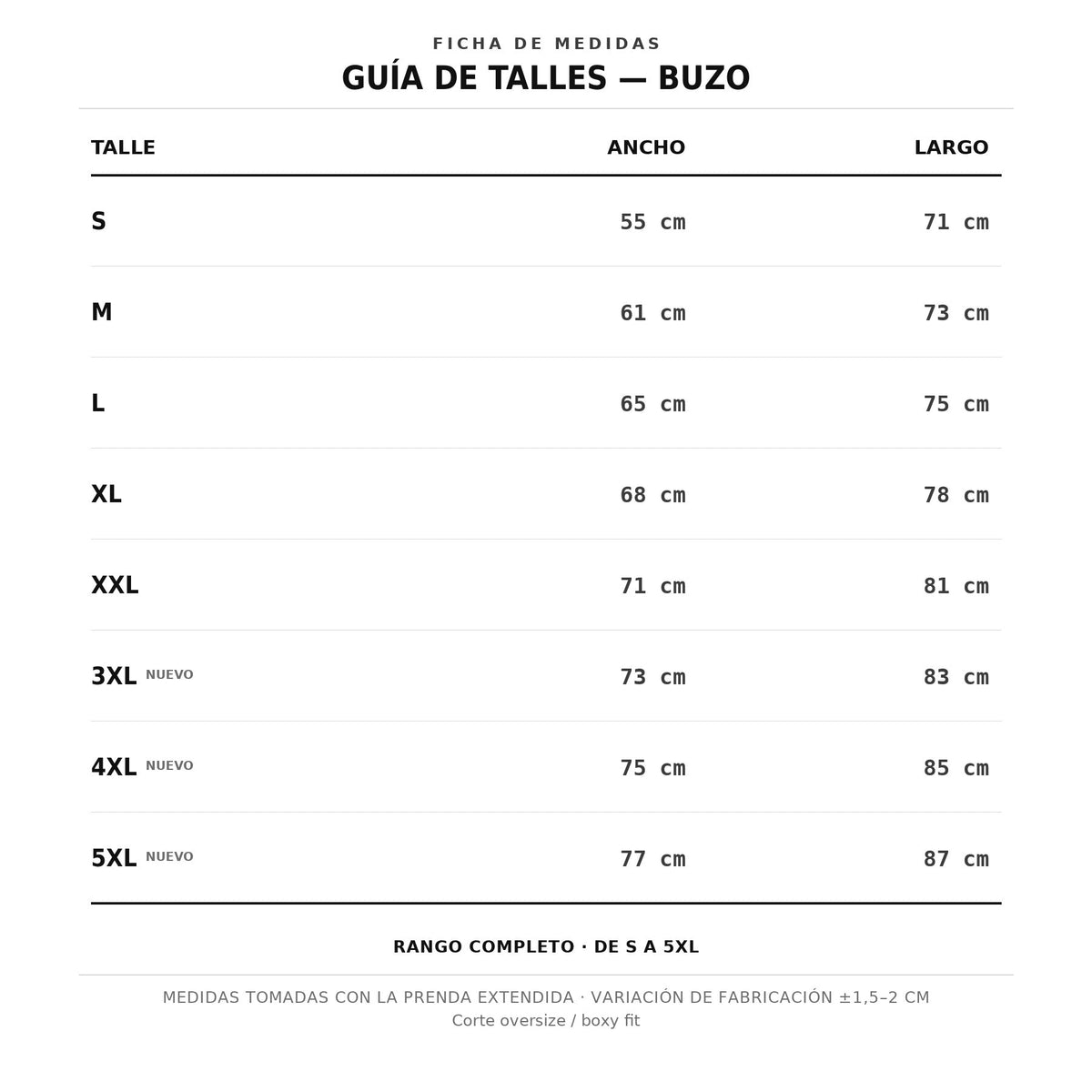 Tabla de talles Erece Club para buzos