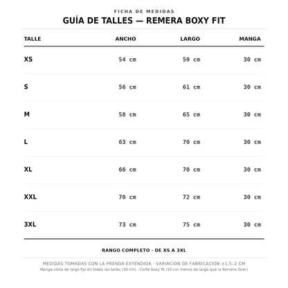 Guía de talles Erece Club para remera Boxy Fit
