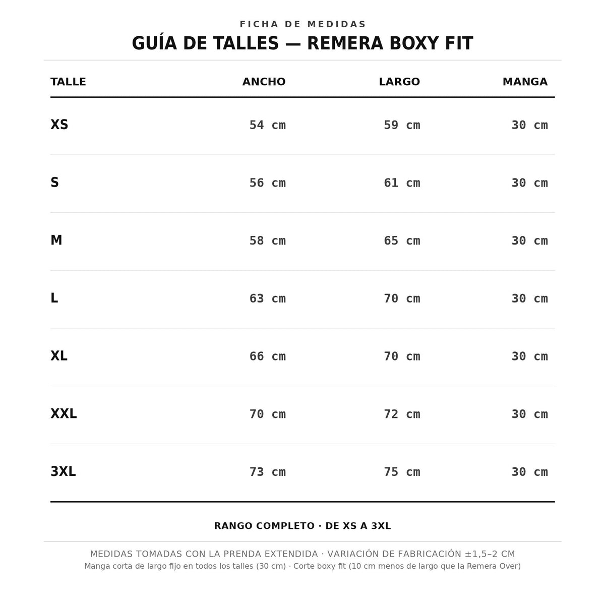 Guía de talles Erece Club para remera Boxy Fit