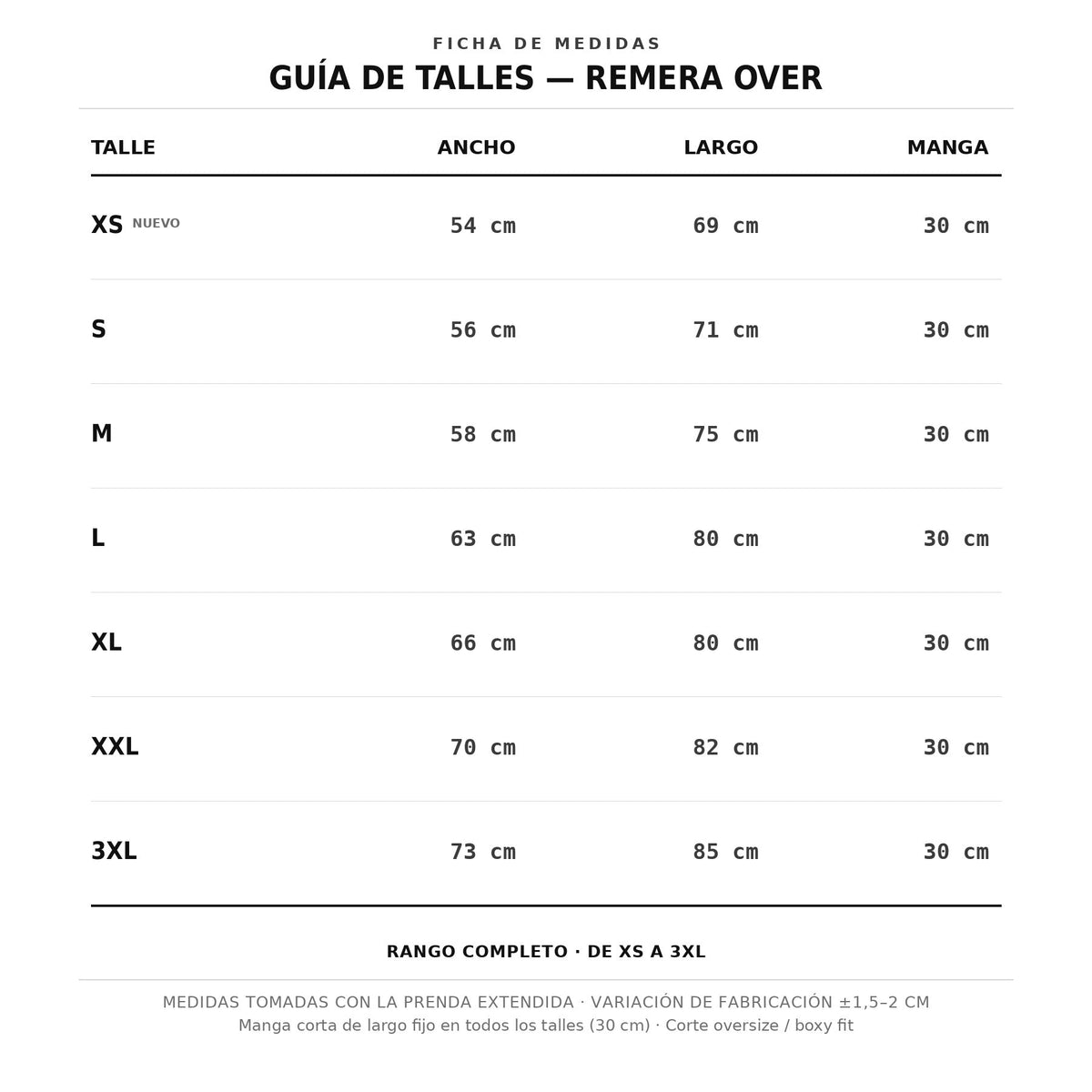 Tabla de talles Erece Club para remeras